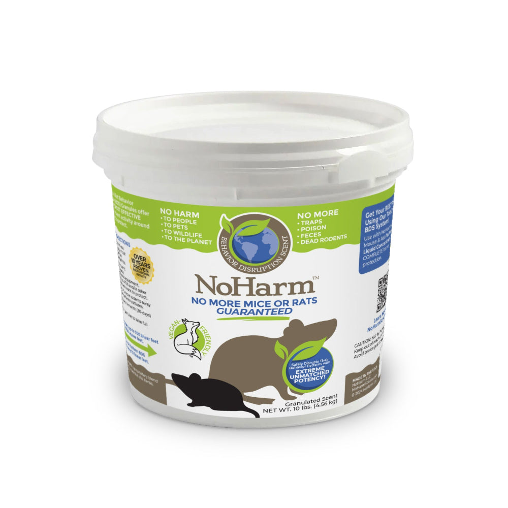 10-pound bucket of No Harm Scents granules, offering a natural solution for pest control in a convenient, bulk-sized container