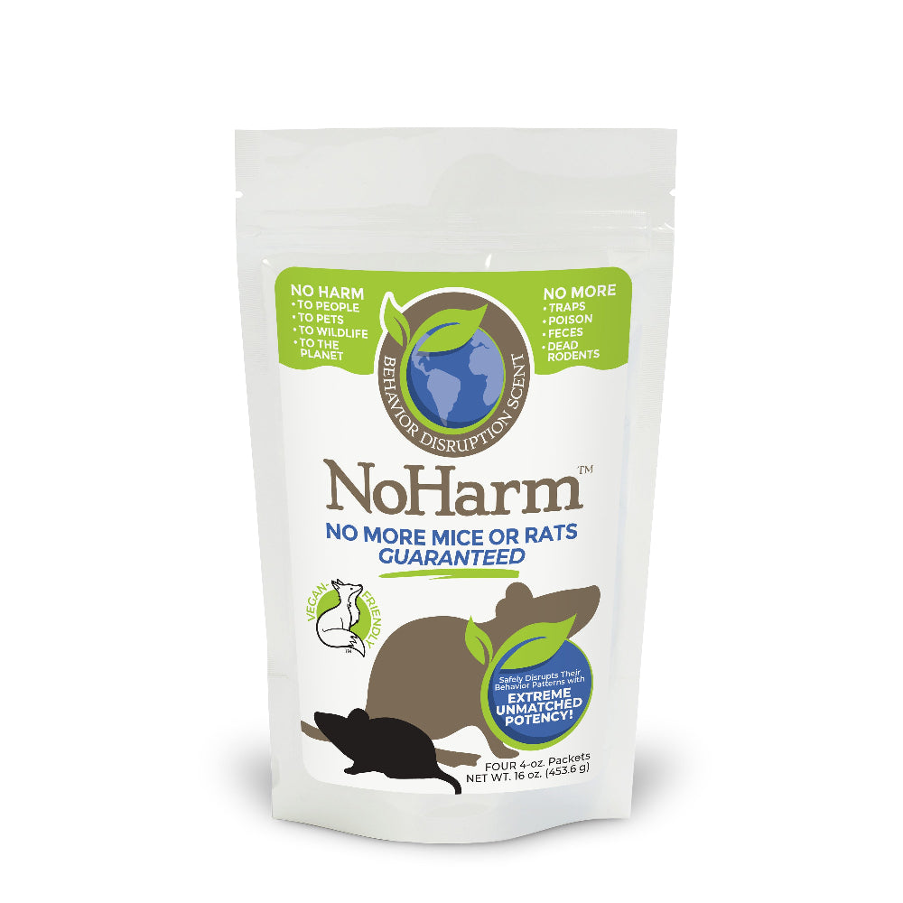 Four 4-ounce packets of No Harm Scents displayed on a white background, featuring eco-friendly pest control products