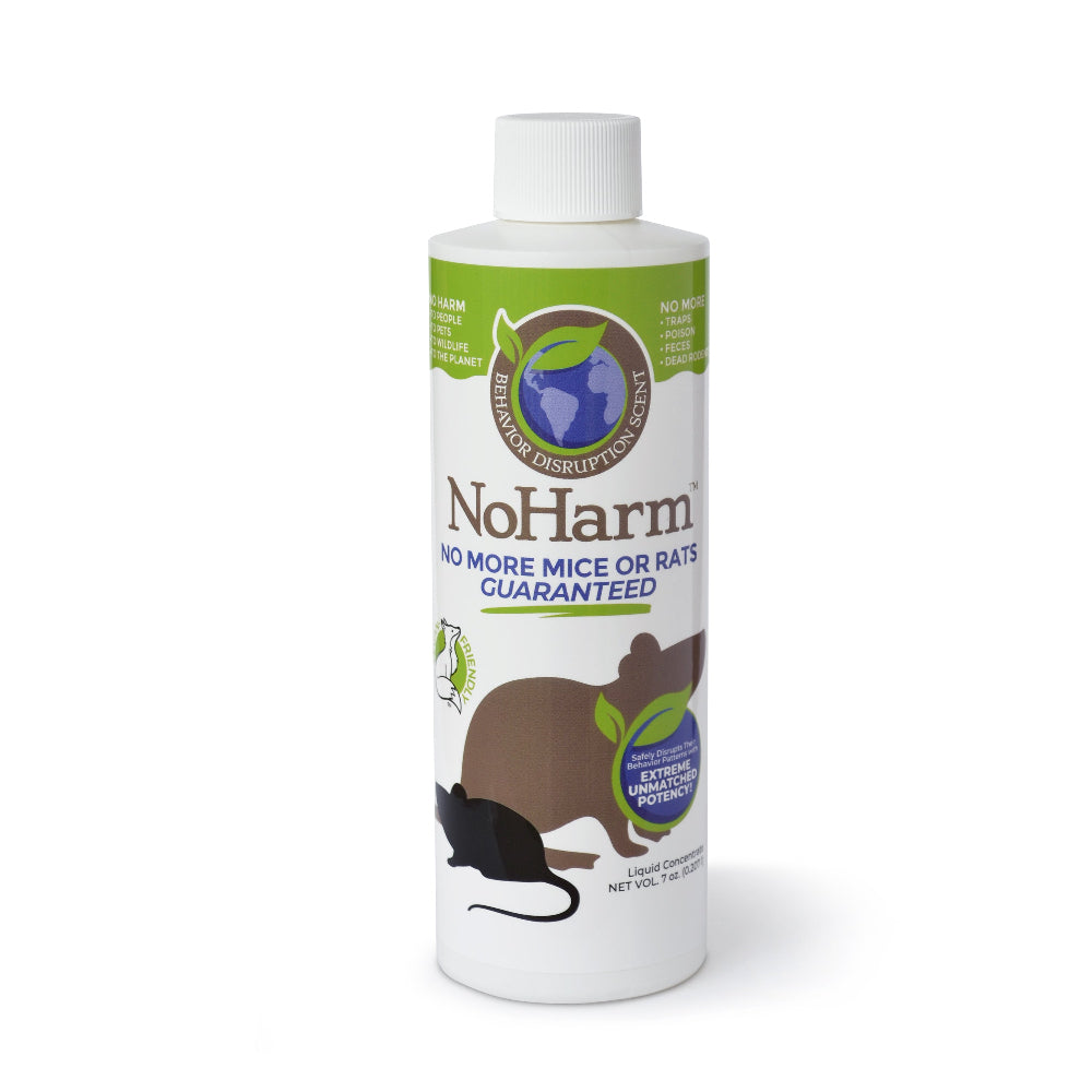 No Harm Scents liquid concentrate with a clean, eco-friendly design, symbolizing natural pest control solutions on white background